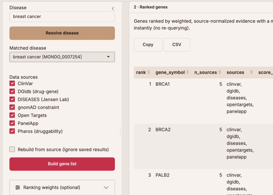 gene-list-builder: a screenshot of its source weights and ranked list