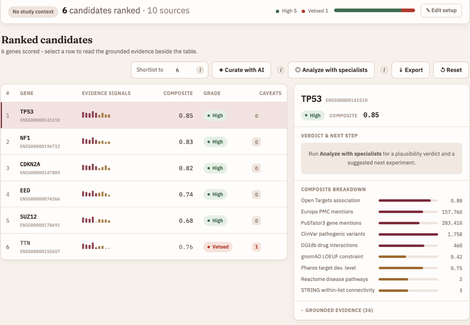 genescout: a screenshot of a ranked, cited gene shortlist